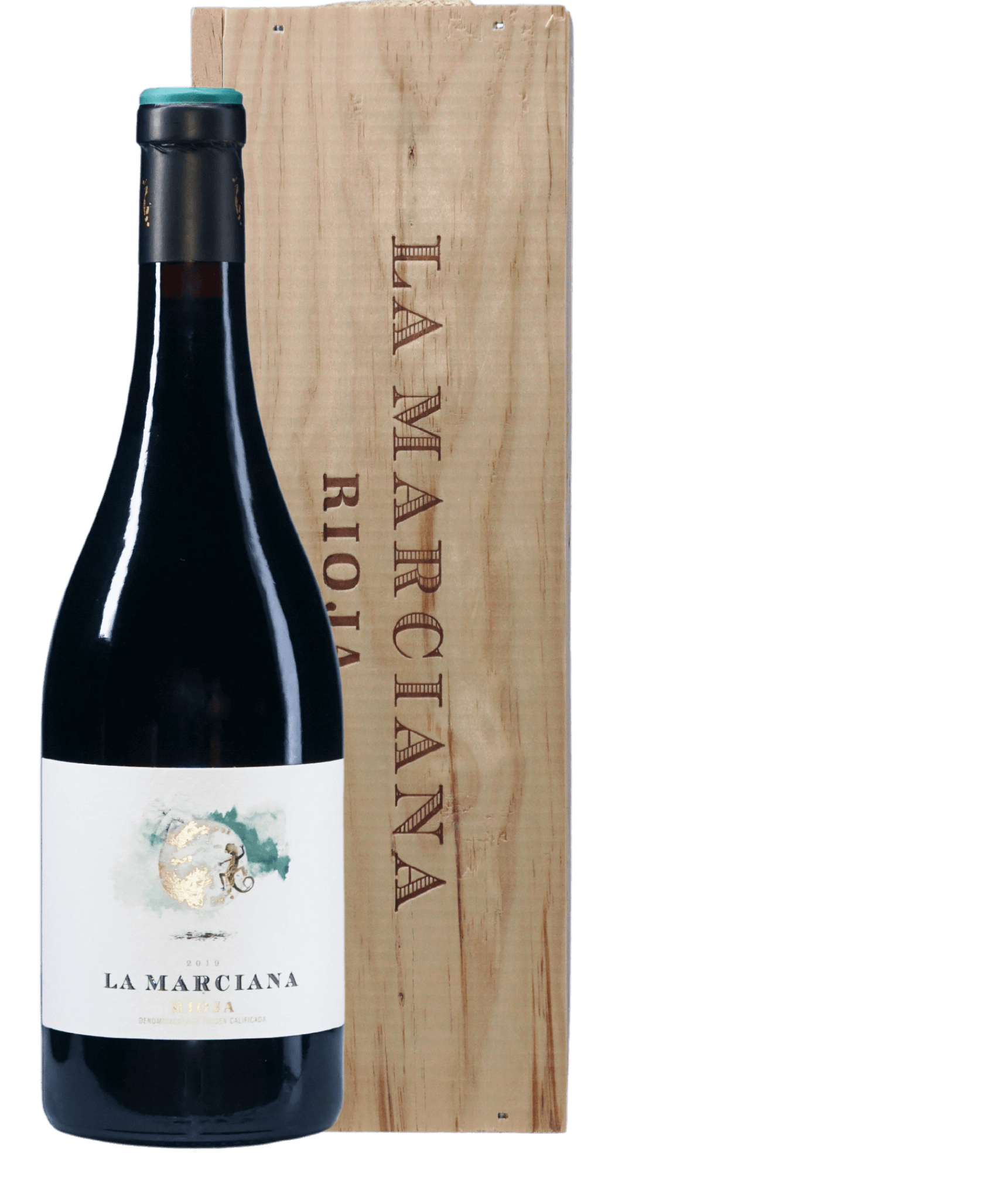 Eine Flasche Wein La Marciana mit Holzkiste
